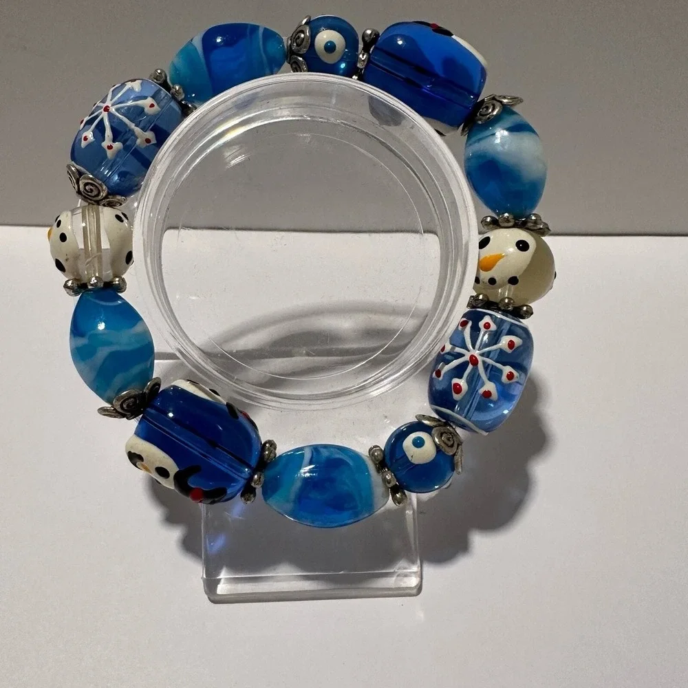 Glass Beads Stretch Bracelet Blue White Snowman Snowflake‎ Christmas Handmade